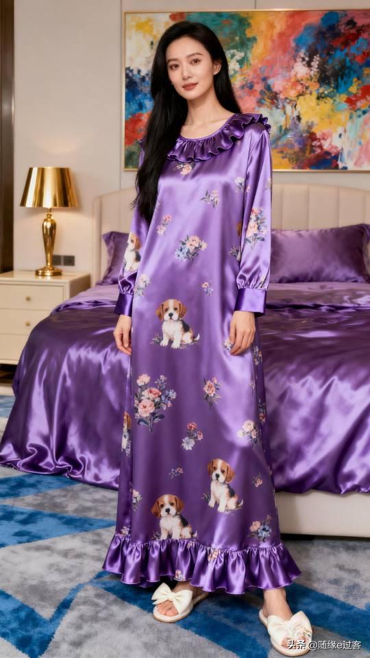 美女展示紫色小狗系列家居服。家居服 睡衣