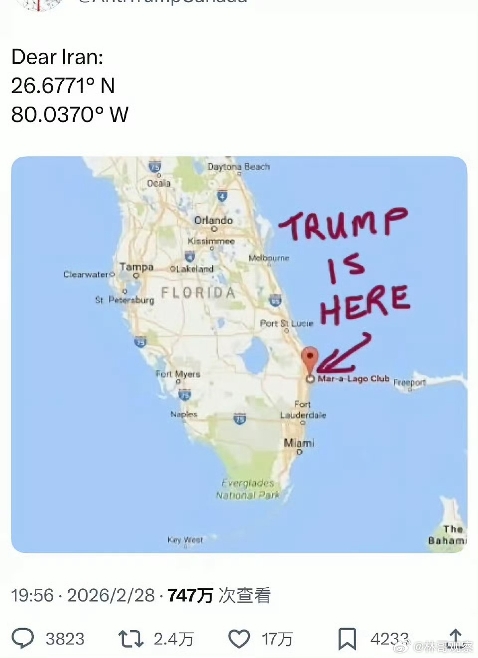 外国网友在X上给伊朗发特朗普定位，目前已经点赞17万，转发2万多了…看来川普危险