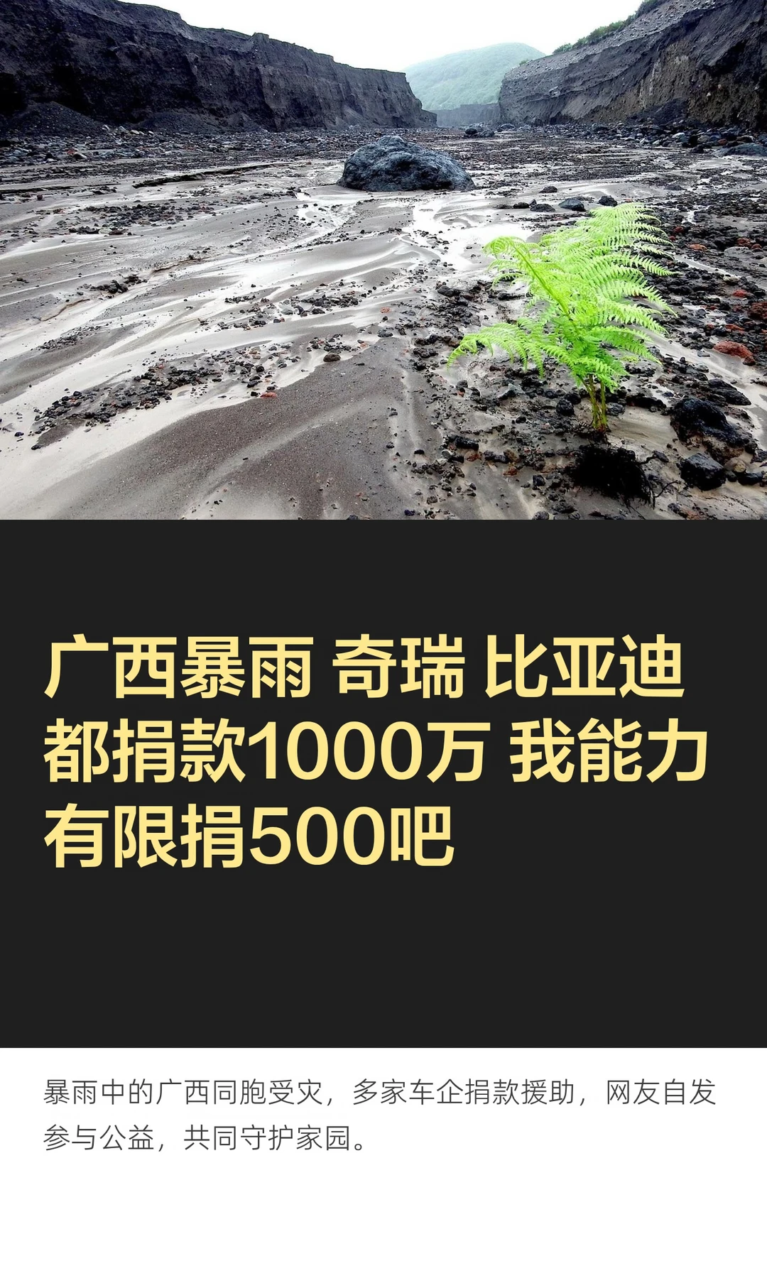 广西暴雨 奇瑞比亚迪各捐1000万 我捐500
