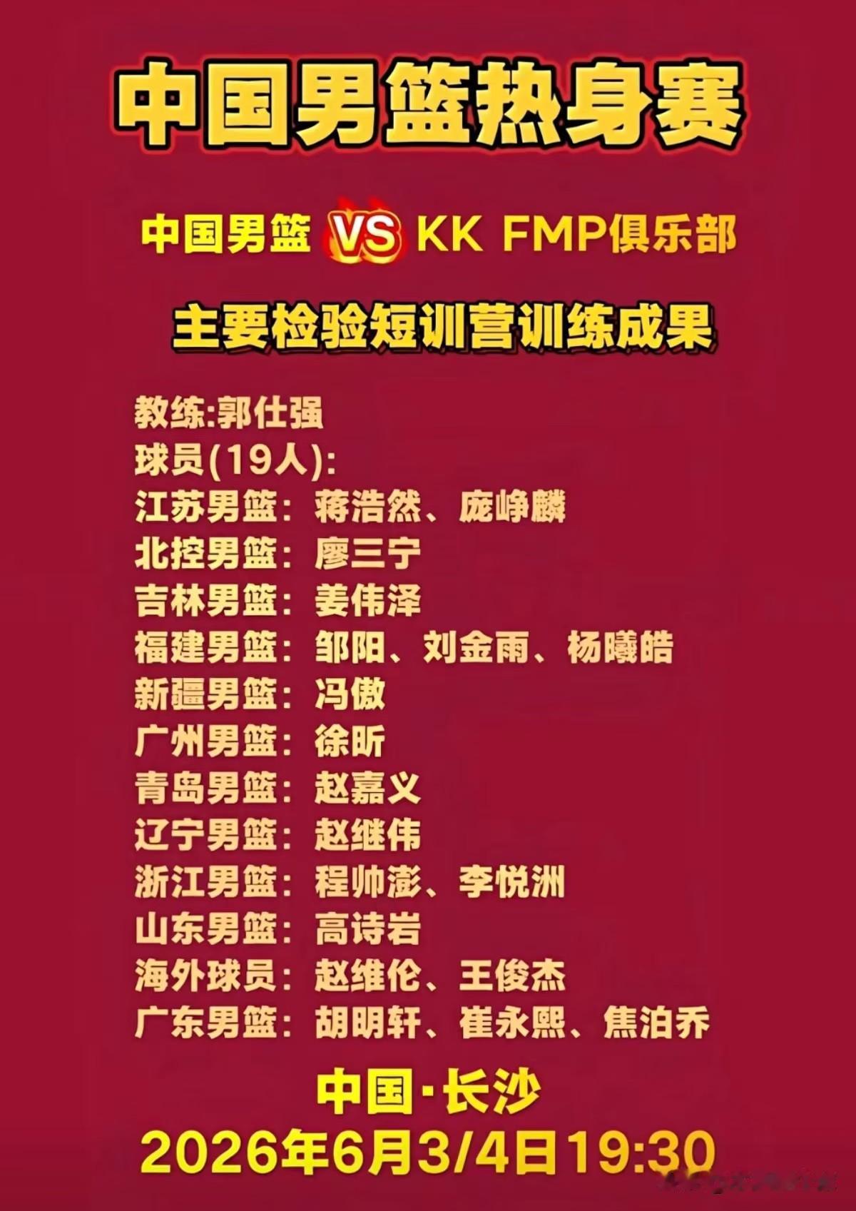 中国男篮热身赛大名单出炉：崔永熙&焦泊乔入选！
6月3日，中国男篮在湖南长沙与来