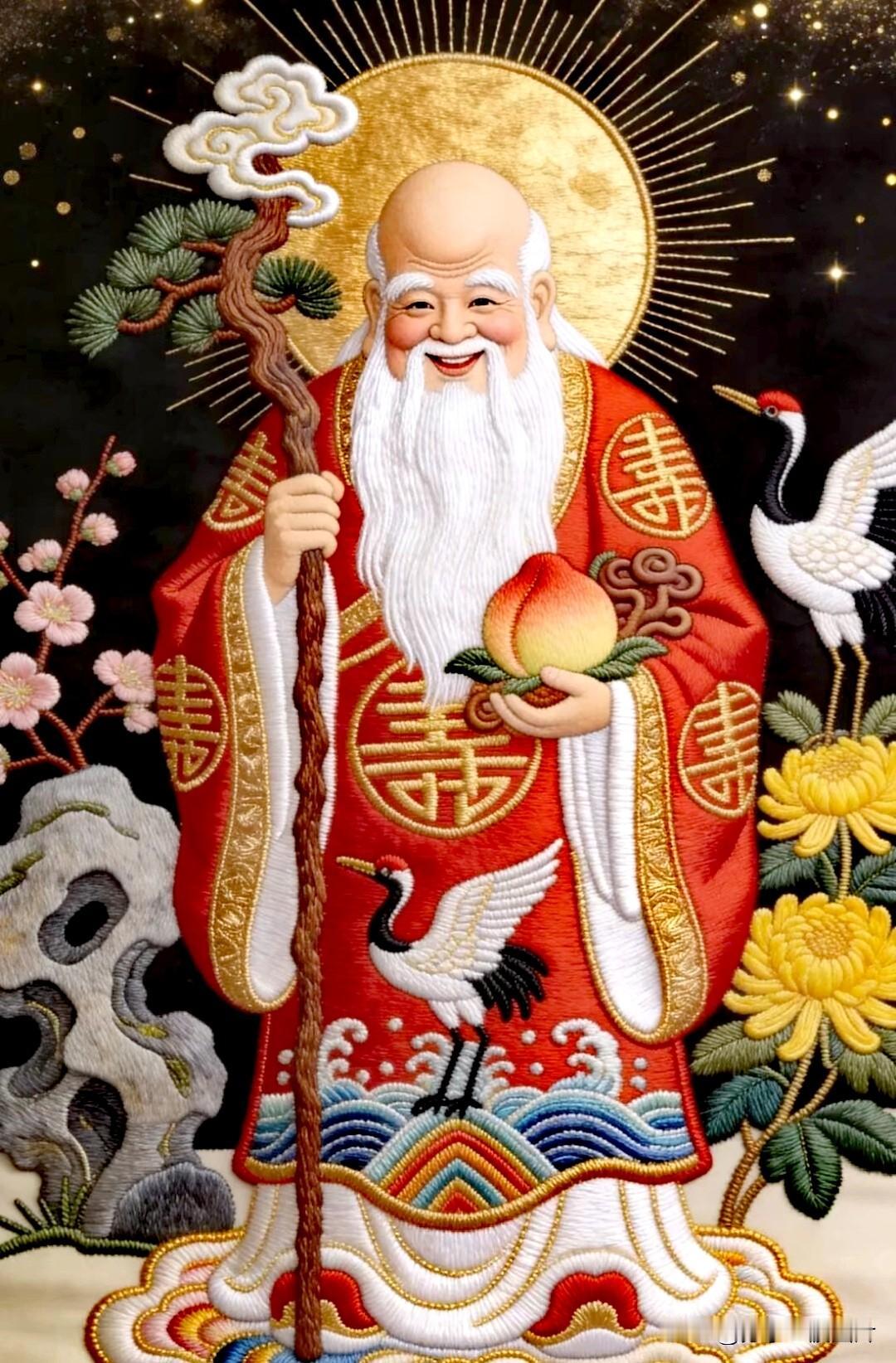 仙翁捧寿松延年，
瑞鹤呈祥福满堂。