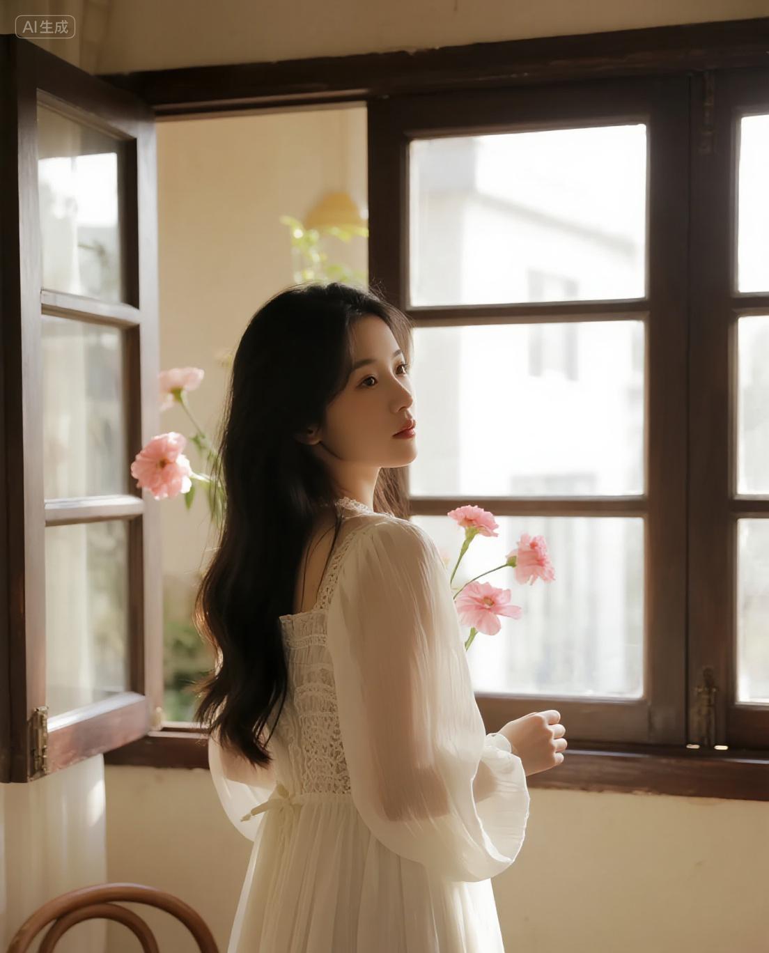 窗畔繁花绽，情思漫心尖。
着素衣、候归人，盼君早还。
每缕风过，都似你低语轻唤，