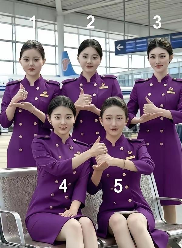 这五位空姐做的手势是，把我娶回家意思吧！其中，有一位空姐做了妈妈，但你得仔细观察