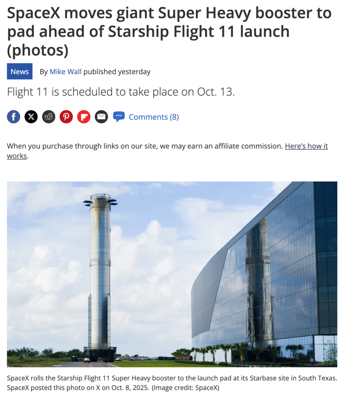 【#SpaceX星舰将执行第11次试飞#】当地时间10月10日，美国联邦政府停摆