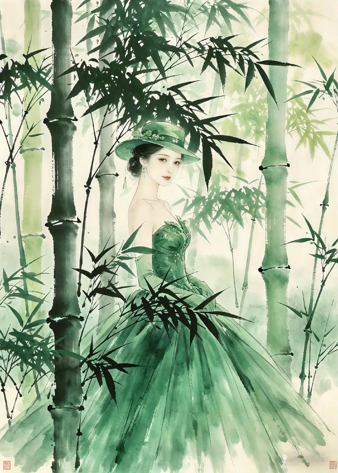 翠竹节节高，笔直挺拔，绿意盎然，美女美丽动人，高贵冷艳，身着翠绿色礼服，在竹林中
