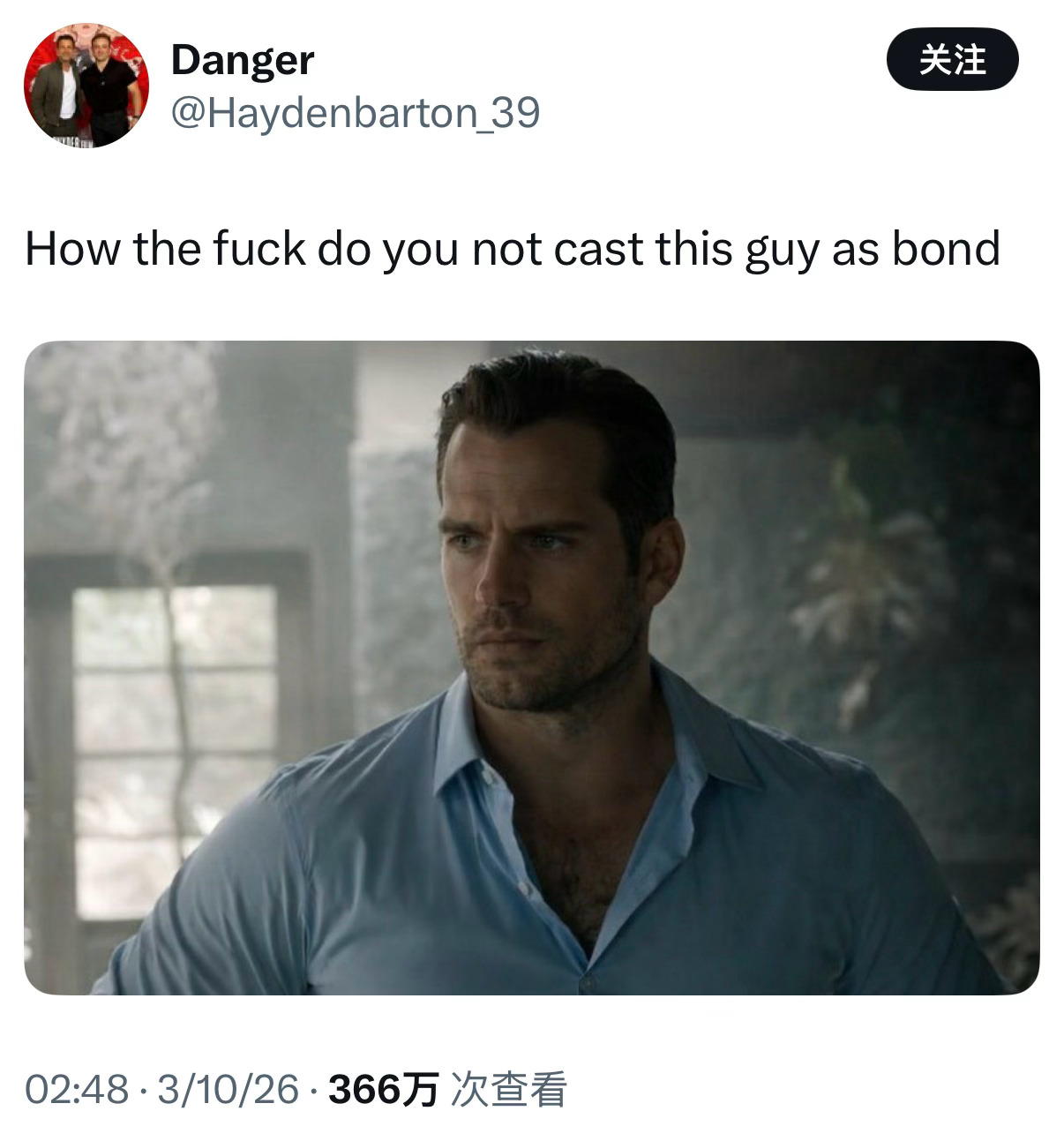 亨利·卡维尔最新谍战动作片《金谍行动》剧照爆红，网评「怎能不让此男来演邦德啊？」