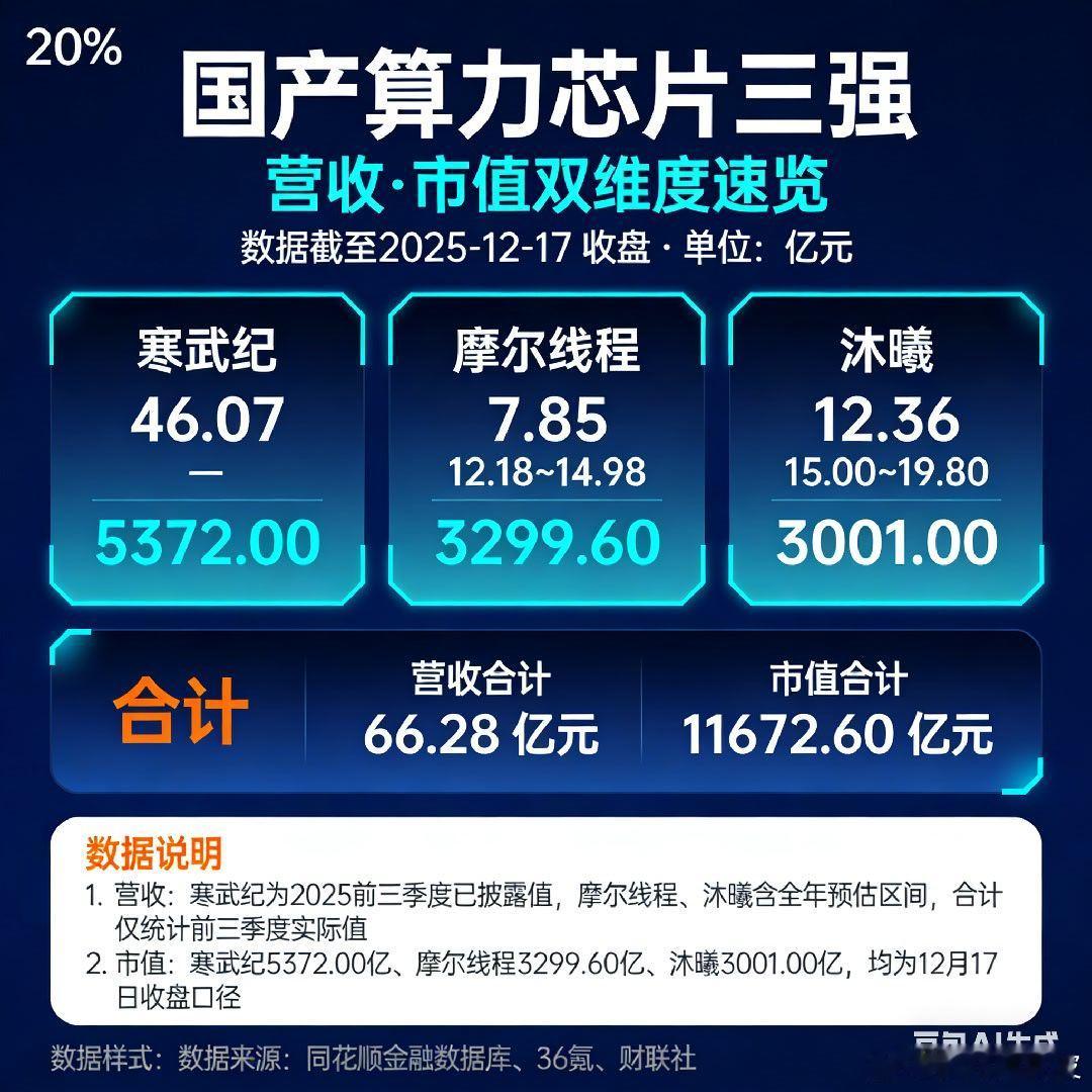 寒武纪，摩尔线程，沐曦，这三个企业营收合计66亿，市值合计1.2万亿。对未来的预
