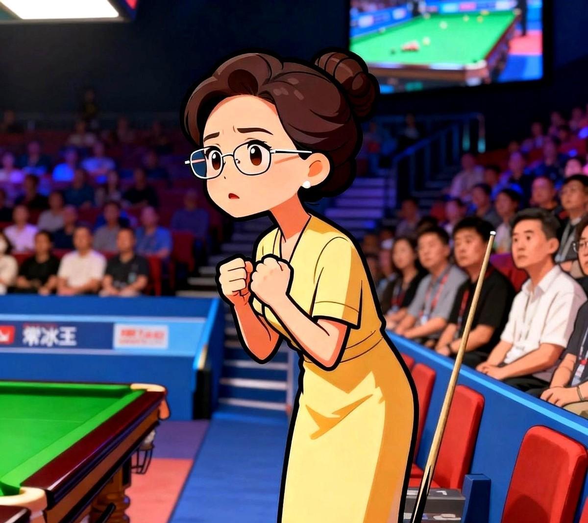 冠军最怕的，不是对手。
是观众席上那个捂住嘴的女人。
丁俊晖俯身击球。
特写镜头