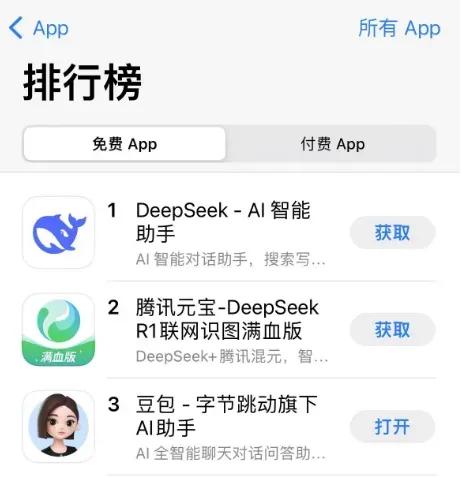 苹果商店APP下载排行榜
DeepSeek、腾讯元宝、豆包

周末，中国区苹果商