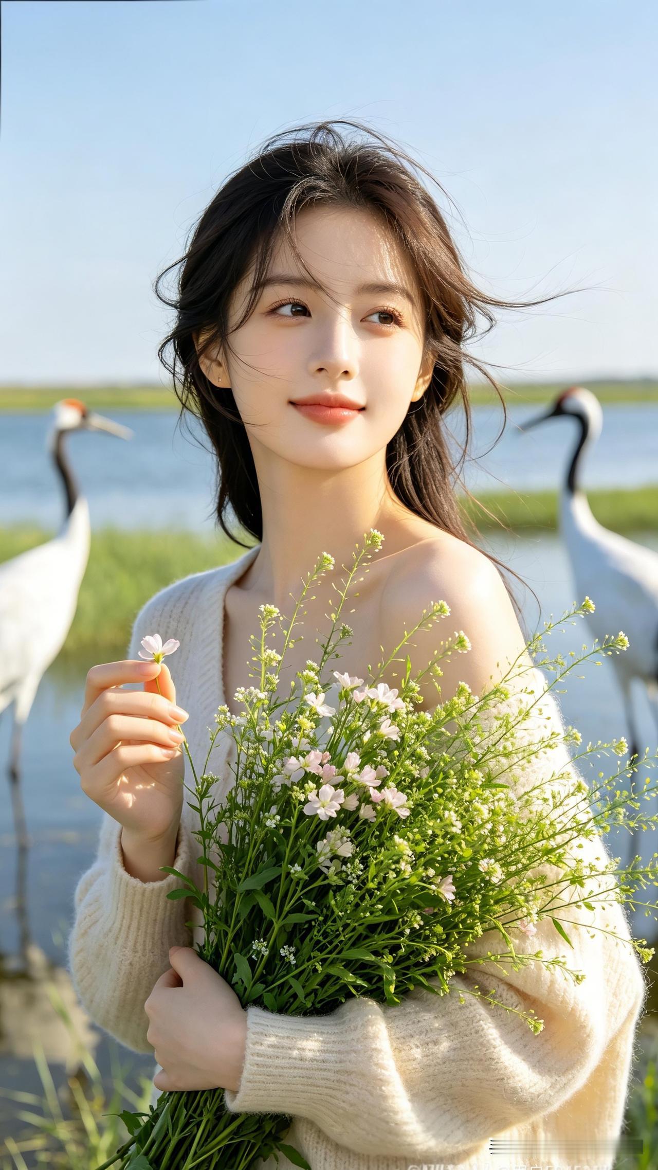 少女与白鹭的浪漫邂逅，花海中的诗意时光。