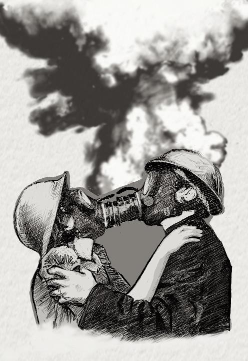 一幅数字画作中，一对情侣在槲寄生下相拥，画面却被爆炸撕裂，粗犷线条营造出窒息般的