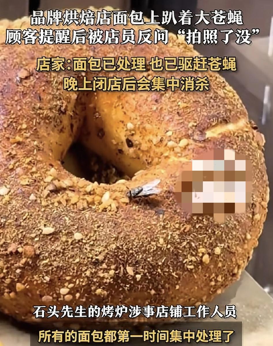 山东济南一家品牌面包店，有顾客发现一个甜甜圈上面爬着一只很大的苍蝇。跟店员反馈之