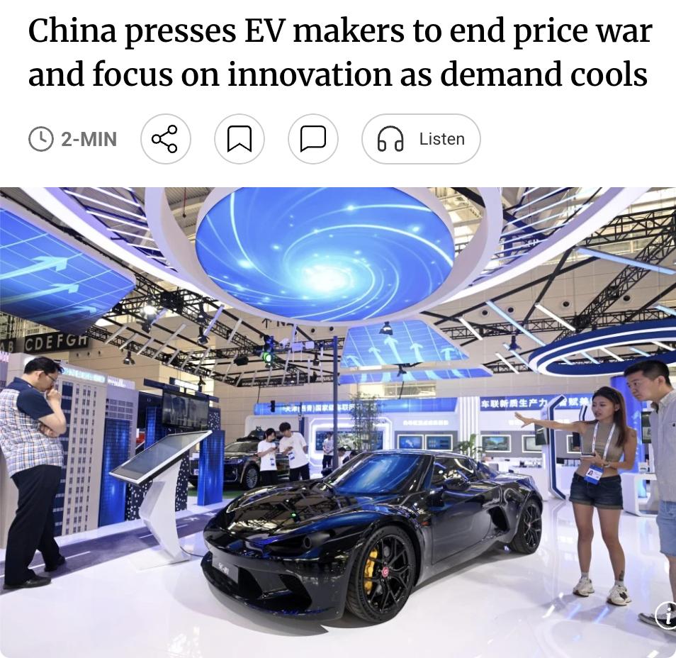 外媒：中国督促车企终结价格战，转向技术创新

面对国内需求降温及政府补贴退坡，中