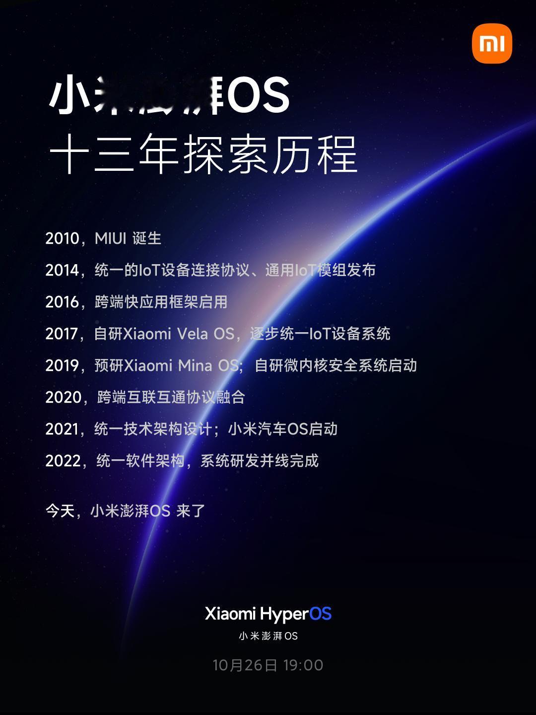 【小米澎湃OS官宣10月26日发布】10月23日消息，小米官方宣布，小米澎湃OS