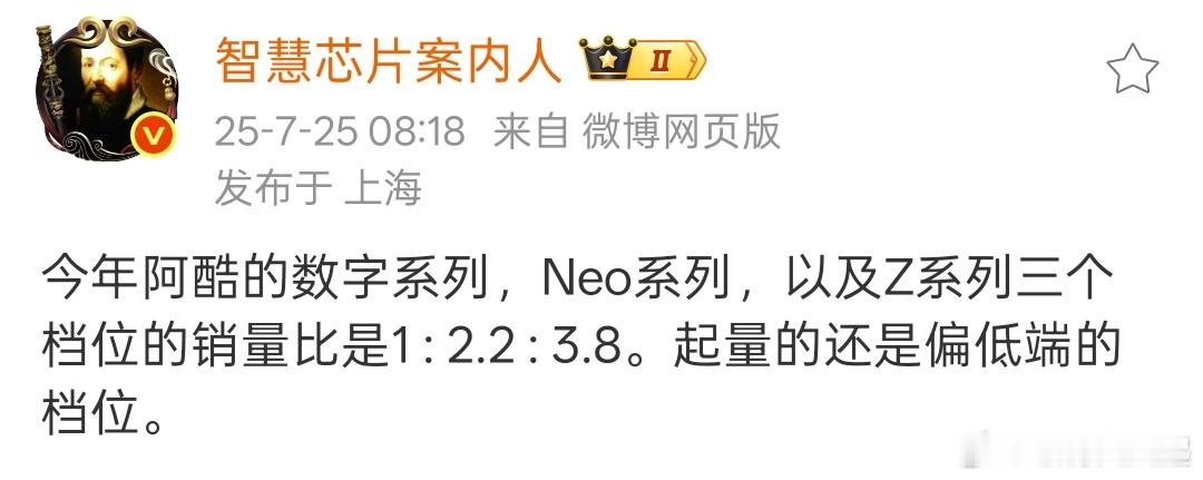 iQOO今年销量很猛，数字、Neo、Z三个系列销量占比是1 : 2.2 : 3.