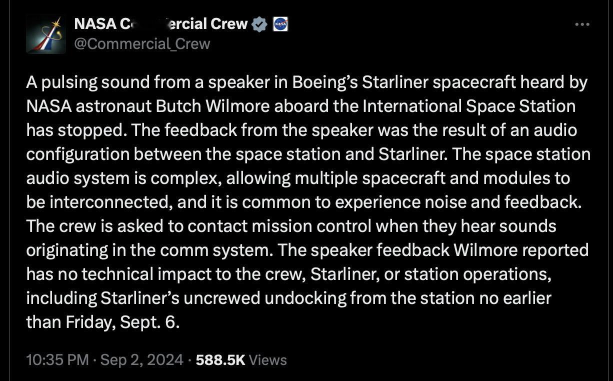 目前波音星际客机扬声器发出的脉冲声已经停止，NASA解释说，这是空间站和星际客机
