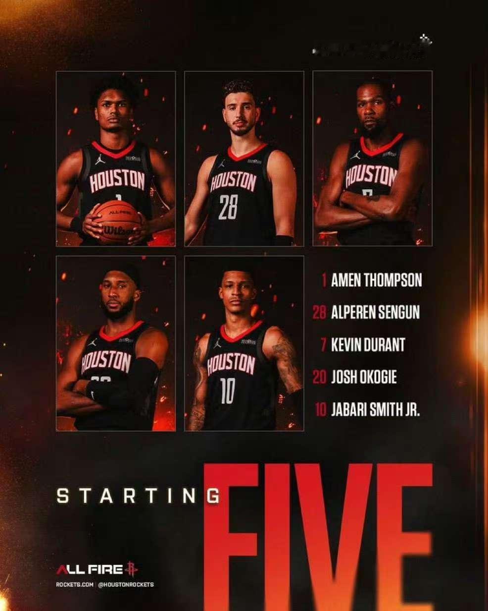 🔥火箭打马刺首发出炉
杜兰特，奥科吉，小贾，申京，阿门

伊森复出打替补，你们