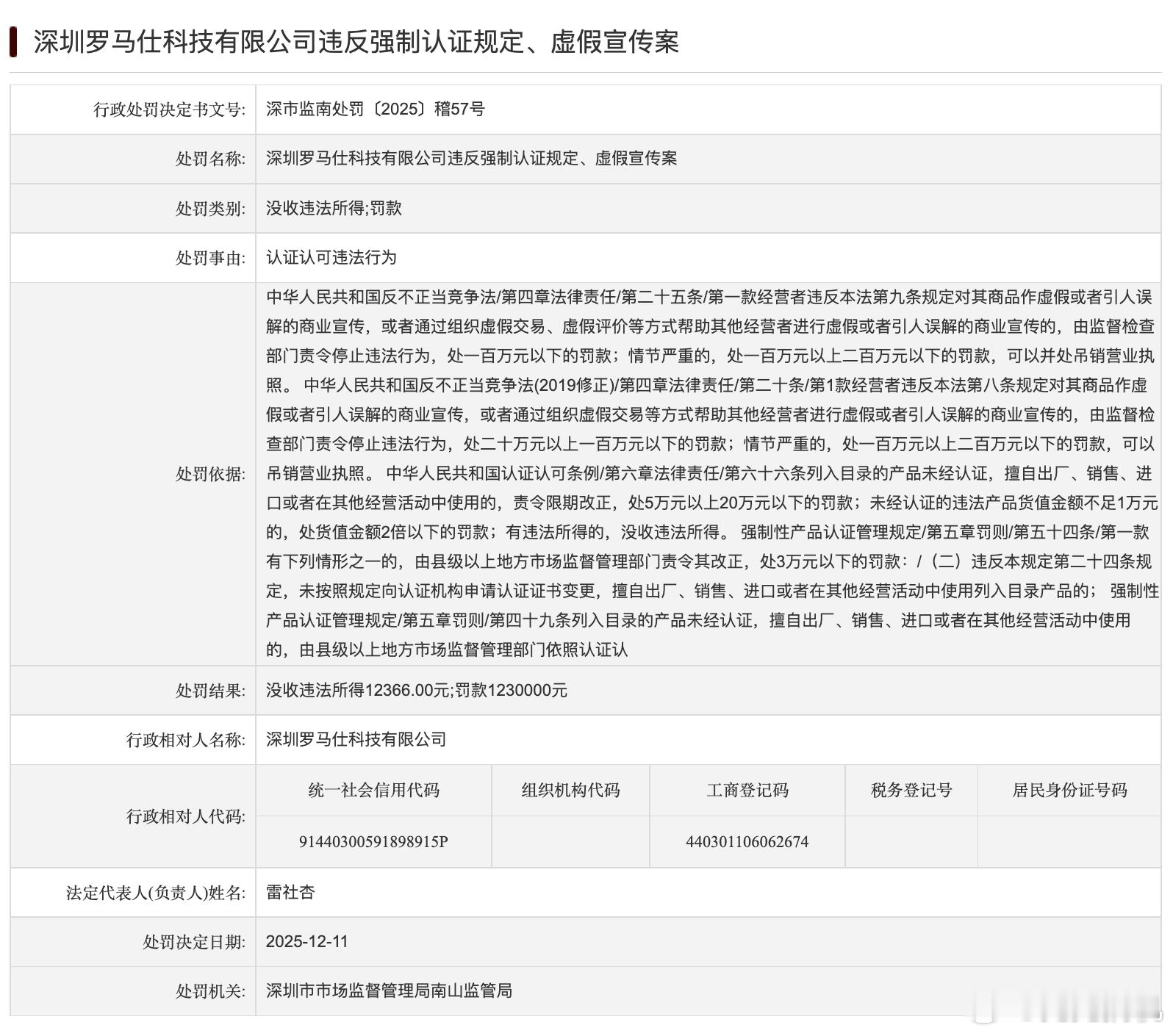 罗马仕被处罚2025 年 12 月，罗马仕因明知部分电芯容量衰减达不到标称一万毫