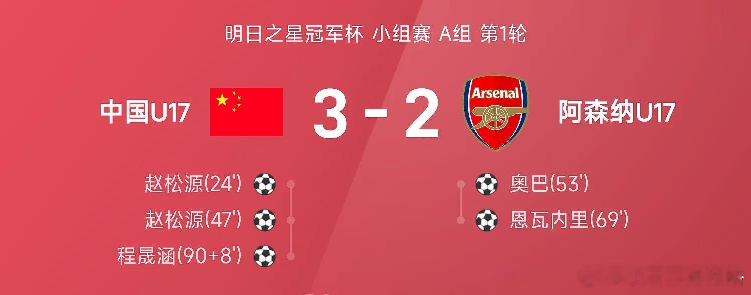 明日之星战报：赵松源双响，程晟涵绝杀，国少3-2阿森纳U17中国u17vs阿森纳