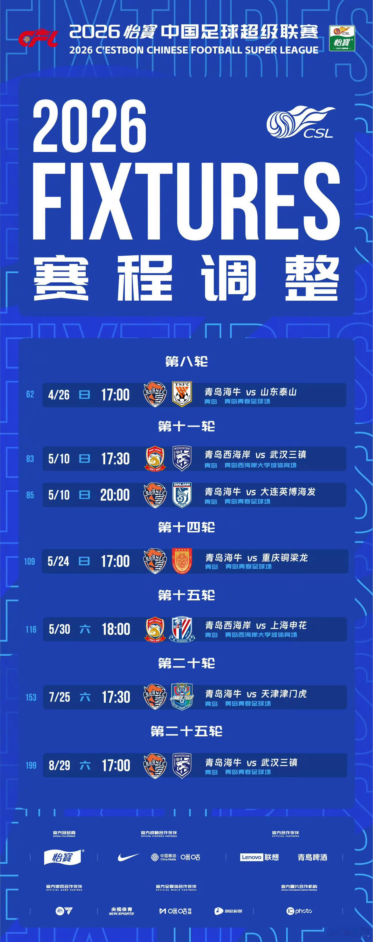 青岛两支球队调整了很多比赛开球时间，其中涉及申花的是第15轮，青岛西海岸vs上海