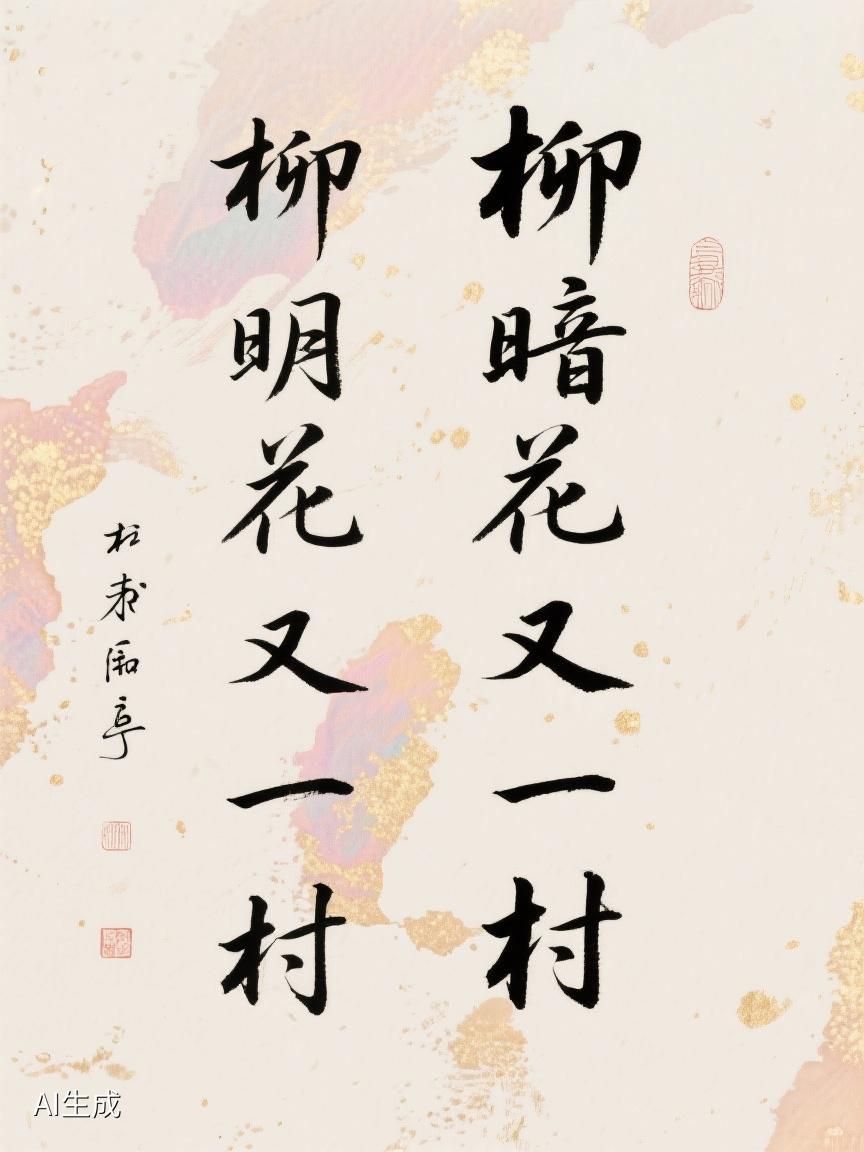AI妙生图“柳暗花明又一村”在柔美飘逸的毛笔字中呈现，典雅配色如诗，宣纸纹理似梦