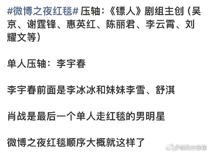 2026微博之夜红毯顺序 微博之夜红毯顺序，肖战男明星压轴 肖战微博之夜男明星红