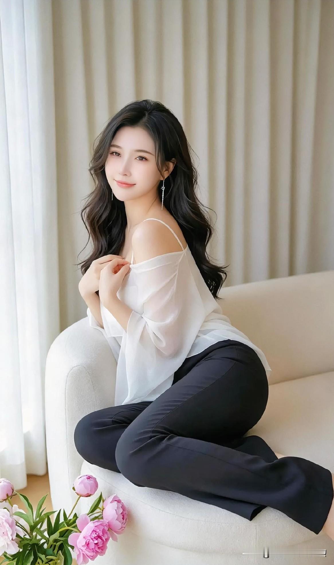现代散文诗

白纱轻笼柔肩，粉花倚在窗前。

她低眉浅笑，如晨光里初绽的温柔，静