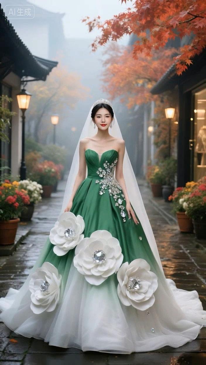 七绝●别出心裁/古韵  

新人老巷影婚纱，
细雨烟朦浪漫花。
夜幕光明街道靓，