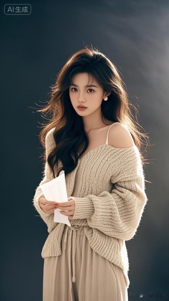 温柔甜美的少女，米色毛衣搭配飘逸长裙，尽显优雅气质。