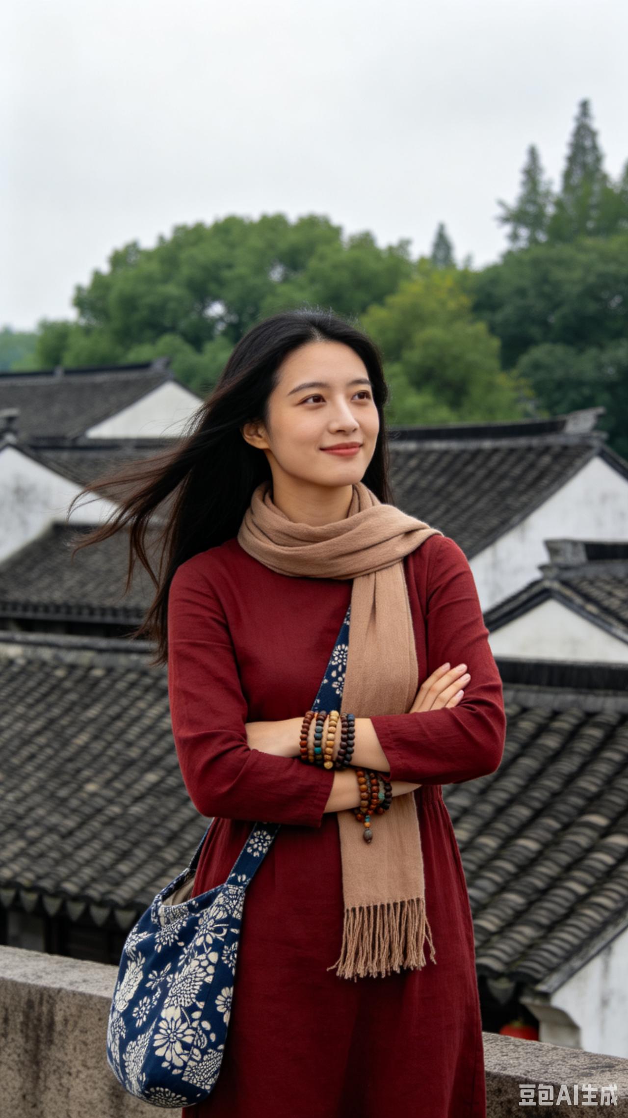 江南闲望
烟霭笼罩着江南的黛瓦，遥遥在望，身着红裙的女子闲立于古老的溪桥之上。
