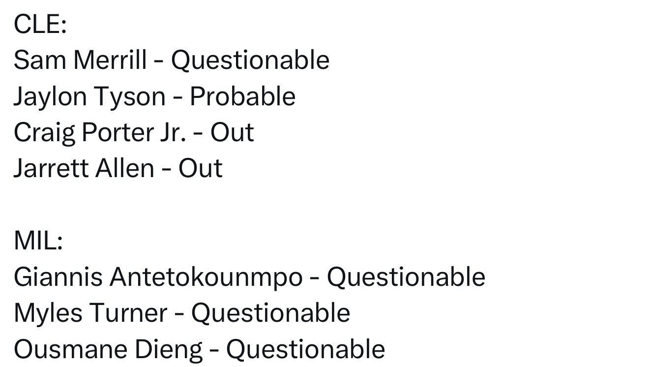 梅里尔 —— 出战成疑泰森 —— 大概率出战波特 —— 缺阵阿伦 —— 缺阵雄鹿