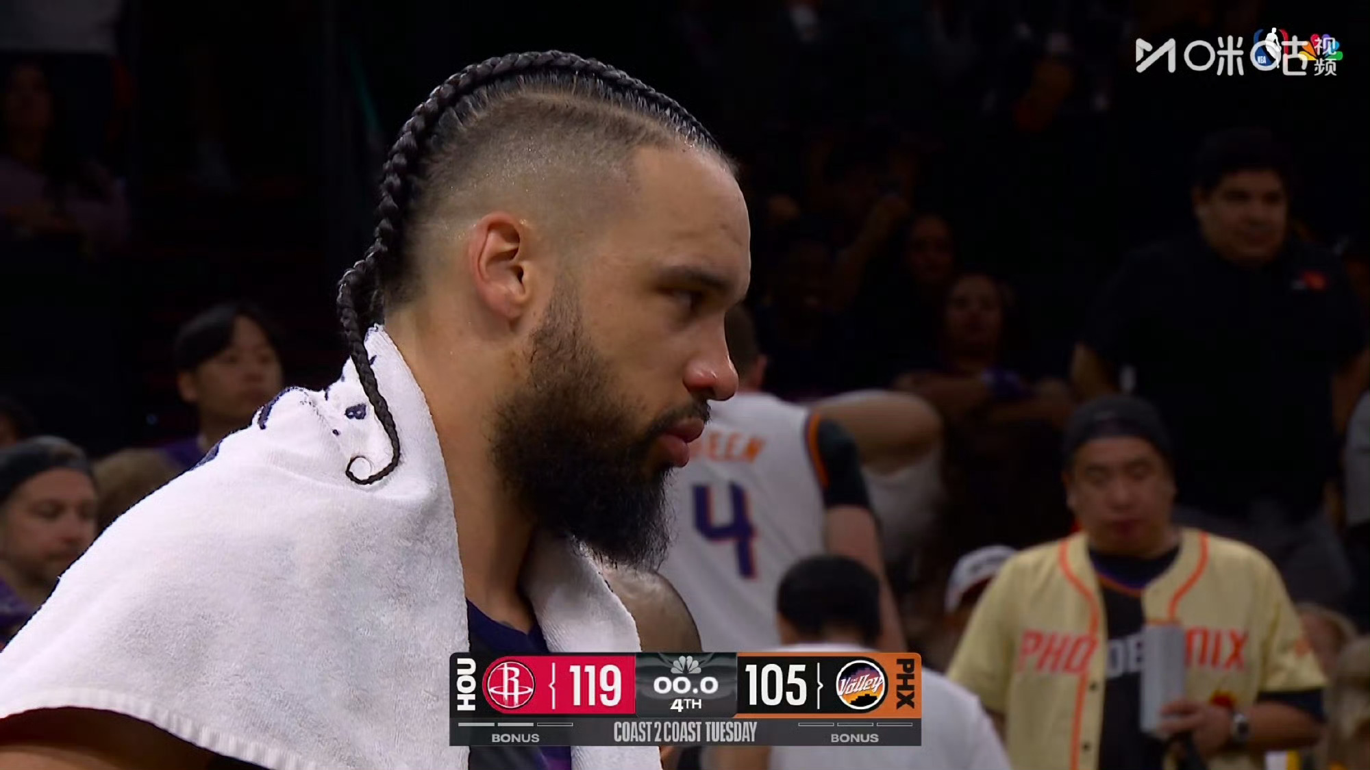 火箭119-105太阳，取得7连胜，由于交手战绩劣势，仍排在湖人之后。 