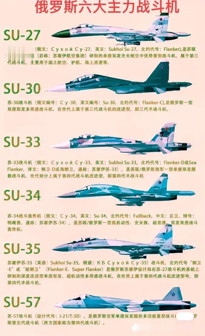我国曾引进过几款俄罗斯战斗机？
如图所示，俄罗斯六大战机一览图。我国曾引进过三款