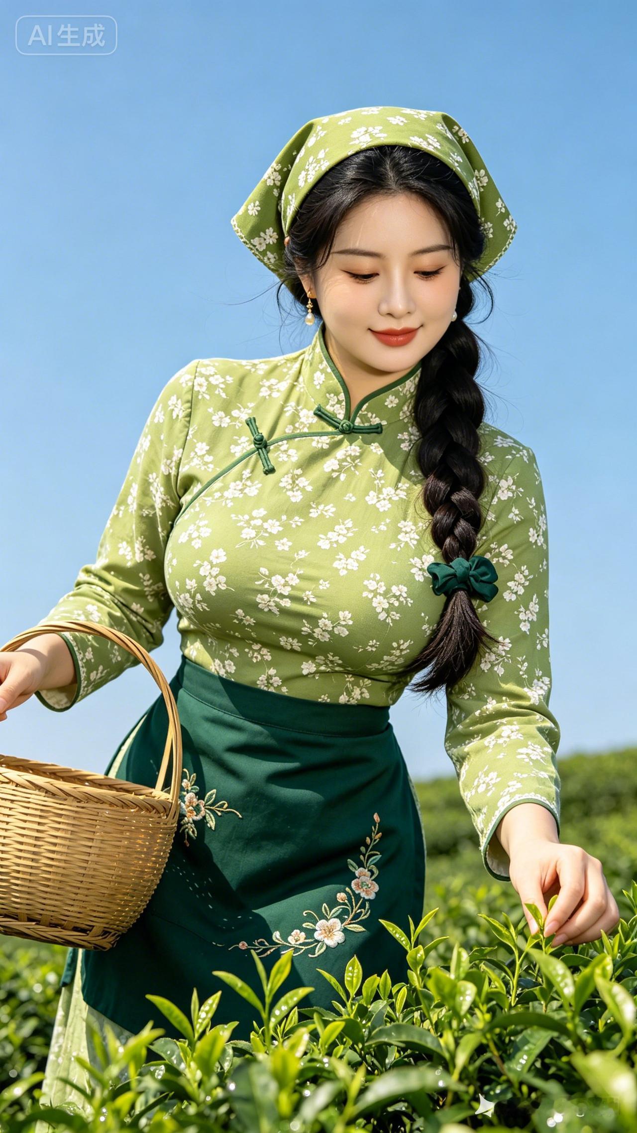 茶园里的少女，绿意盎然，清新自然。