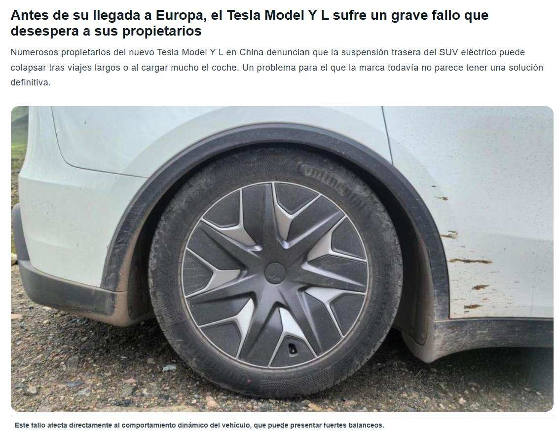 外媒也开始报道特斯拉Model Y L“后悬挂塌陷”问题！如截图所示。

外媒编