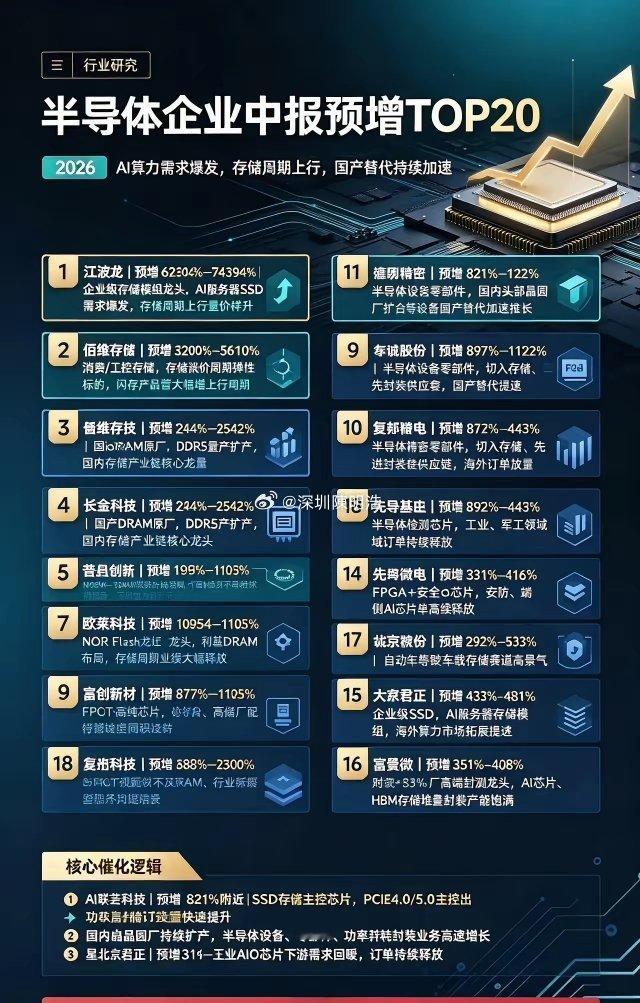 🔥半导体中报预增TOP20出炉！存储赛道业绩直接炸裂！兄弟们，2026半导体半