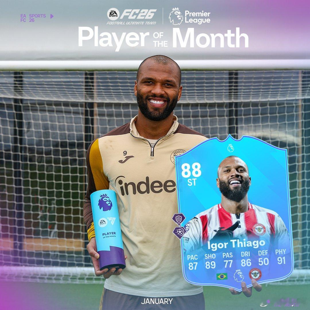 英超联赛一月最佳球员给公布！伊戈尔·蒂亚戈获选！FC26