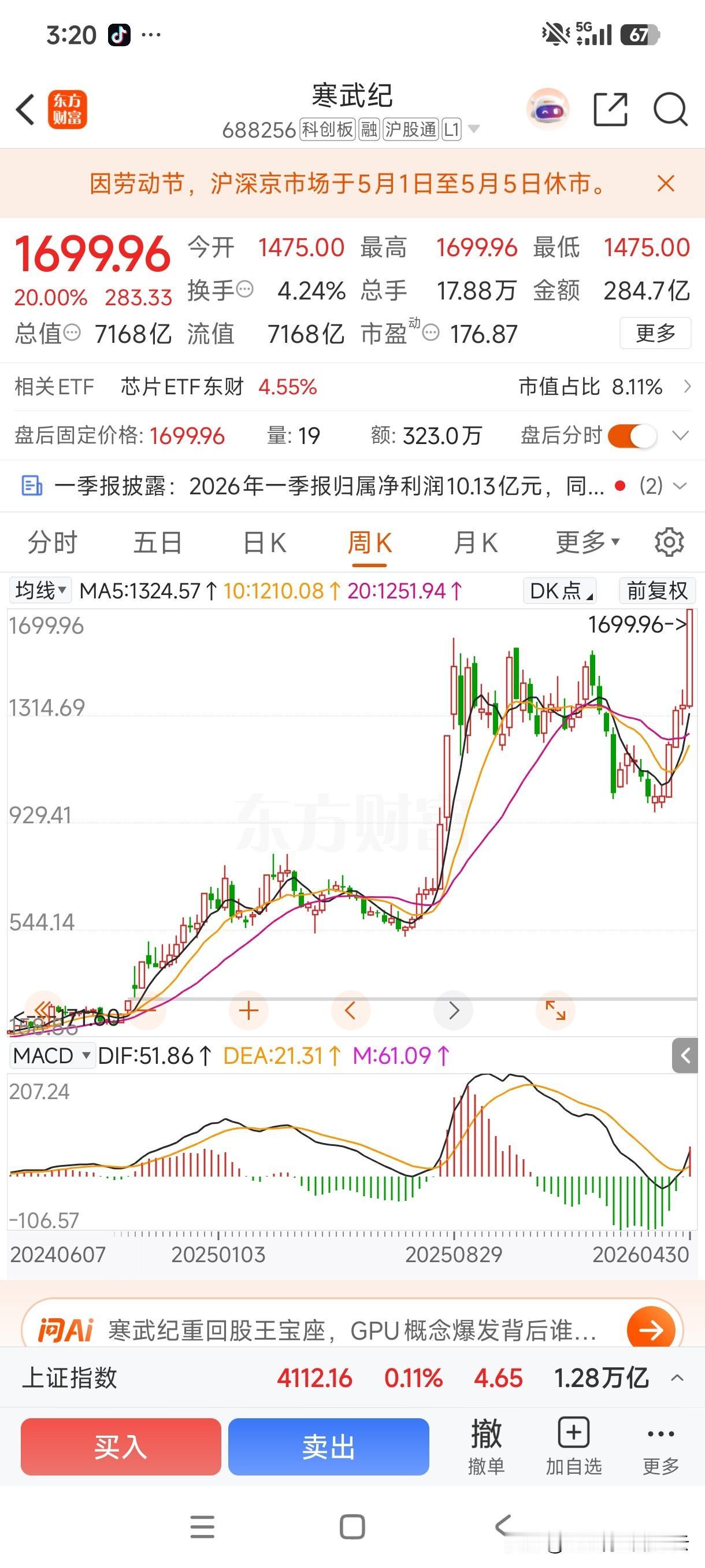 中国股王诞生！
它，就是半导体龙头——寒武纪，今天它的股票直接以20%的涨幅涨停