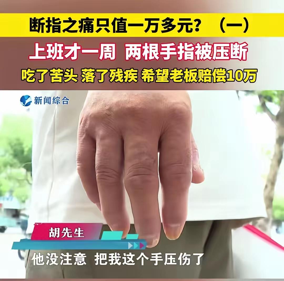 太欺负人！上班仅7天两根手指被机器压断，评定10级伤残，老板只肯赔一万多
 
胡