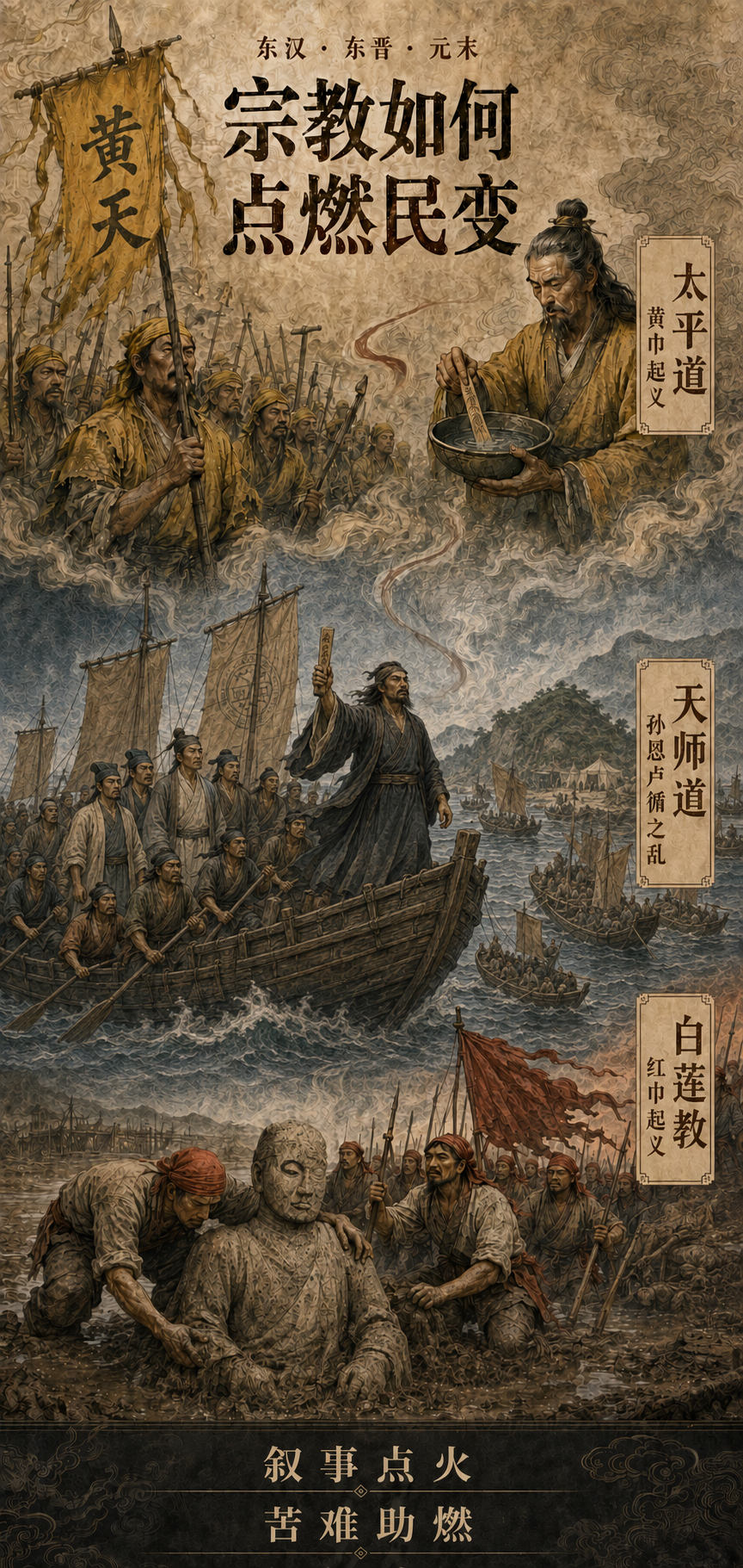 Claude从从叙事到动员，讲述东汉黄巾军、东晋天师道、元末白莲教这三次有宗教性