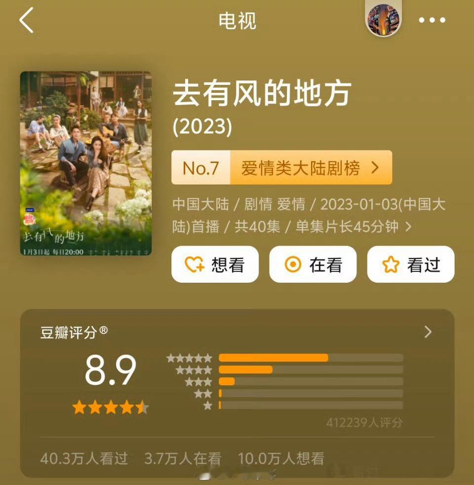 去有风的地方8.9分了，这部比玫瑰好看多了剧立意女主人设都比玫瑰好，天仙对这部怎