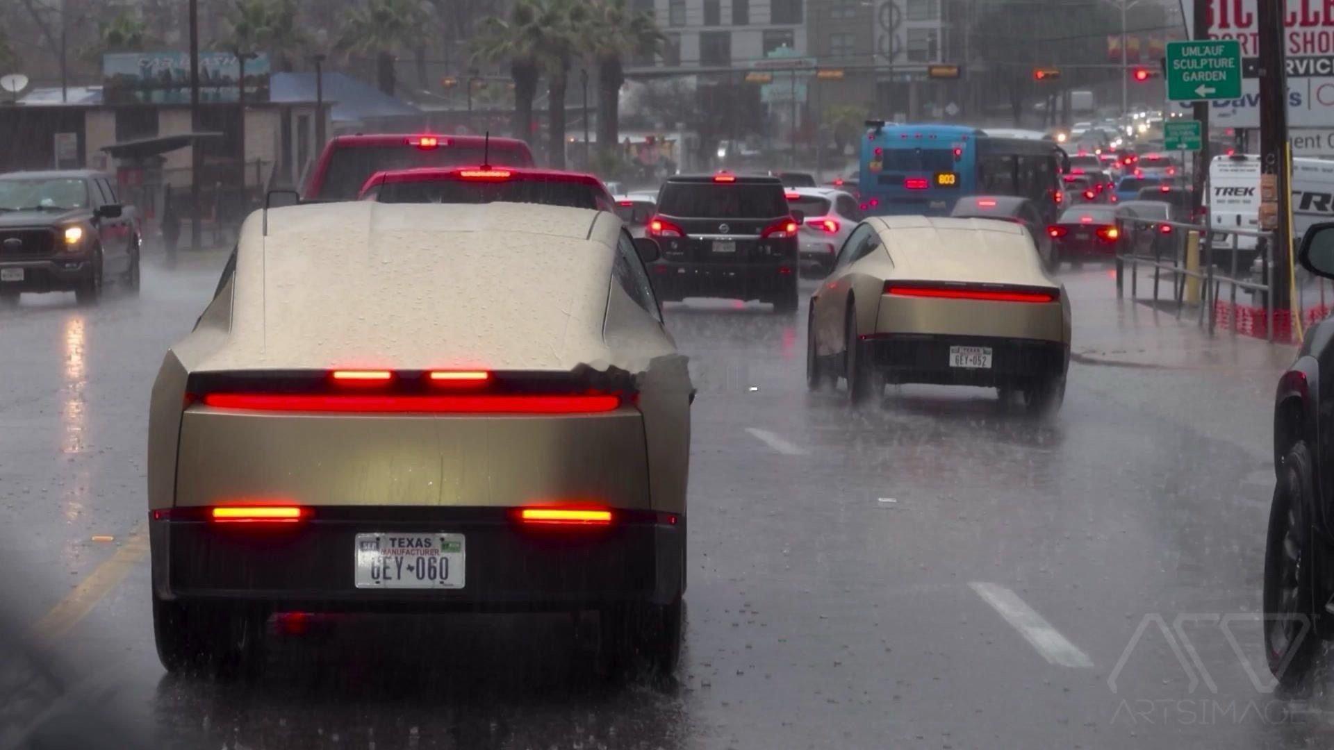 Cybercab大雨路测成功Cybercab在量产前的最后两个月开启大雨路测，能