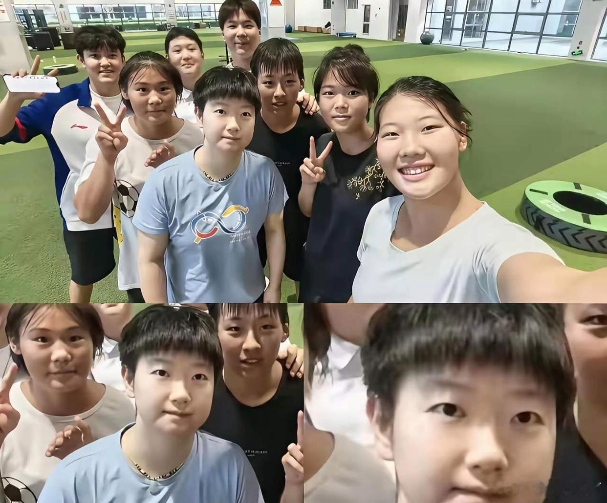 嘿, 大家有没有察觉到, 在崇明岛那儿, 莎莎跟队友们拍的合照里, 她不像队友们