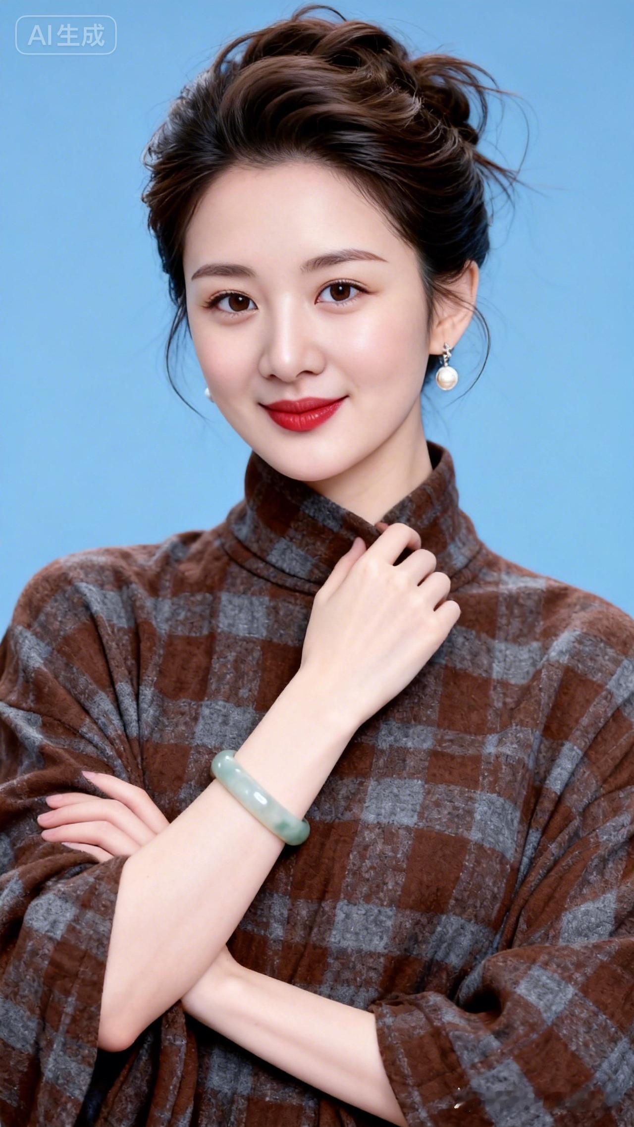 优雅气质，复古格纹穿搭，温柔红唇，尽显女性魅力。