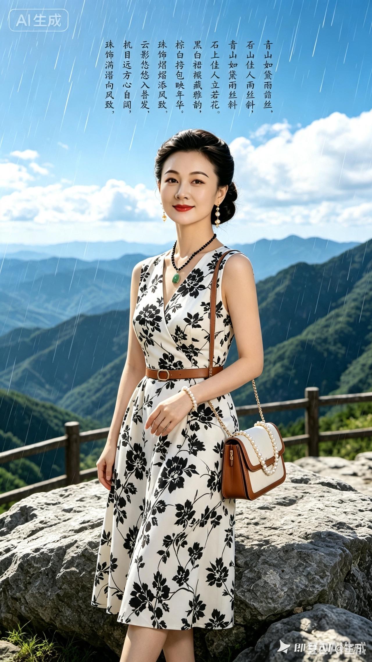 一位女士在山间雨中微笑。