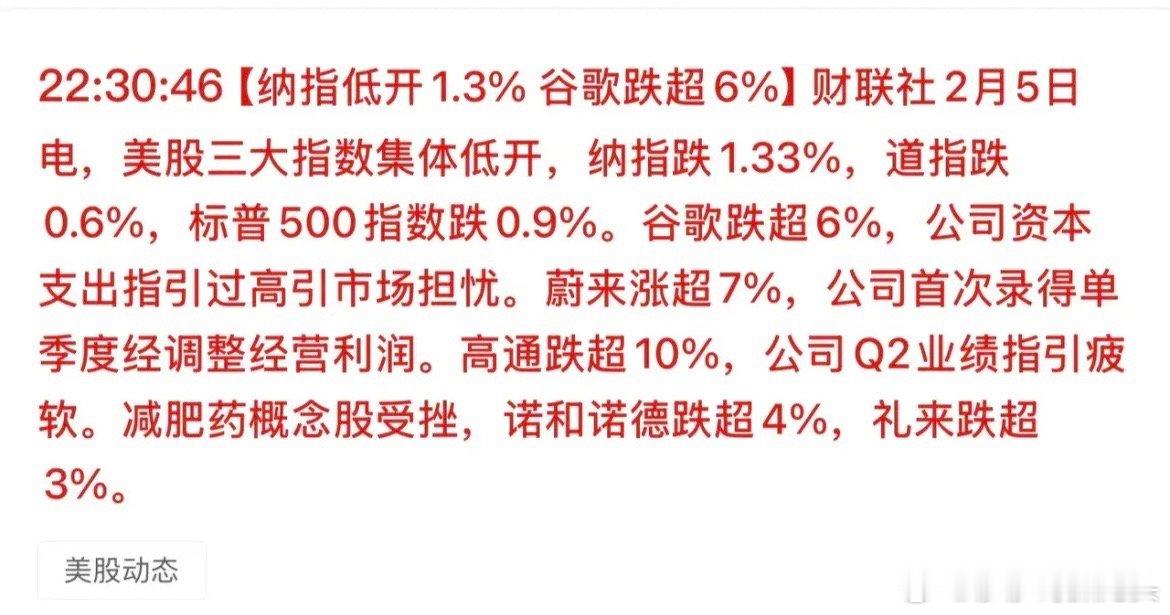 美股三大指数今天晚上集体低开再冲高回落，纳斯达克指数短线偏弱的格局基本已经成型。