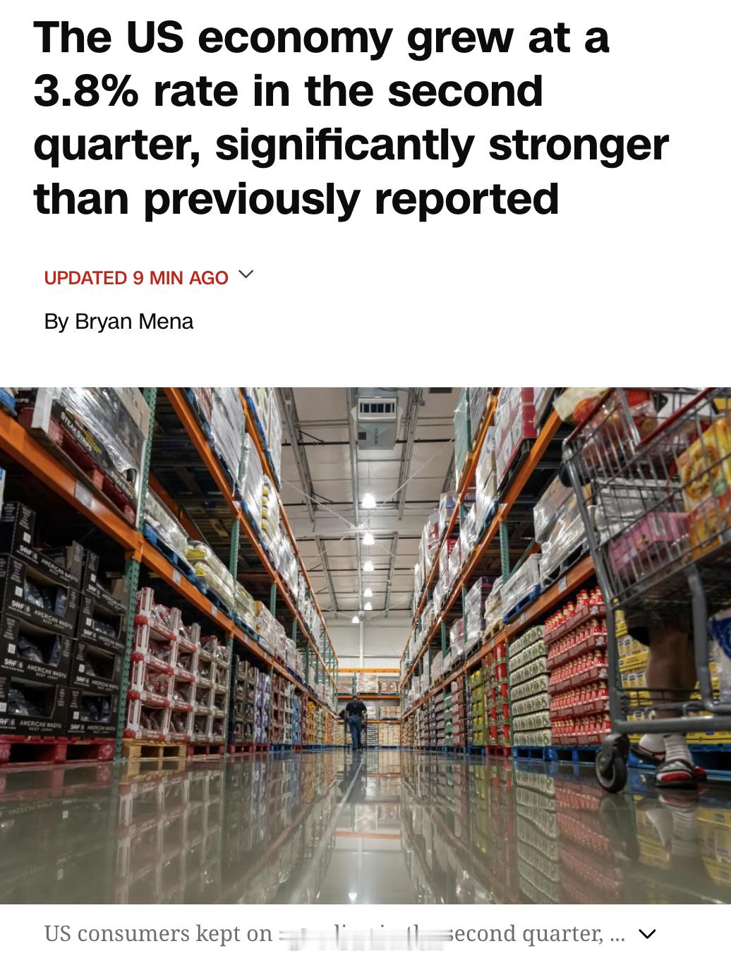 美国第二季度GDP增速被上调至3.8%，主要是因为消费者支出强劲。美国商务部周四