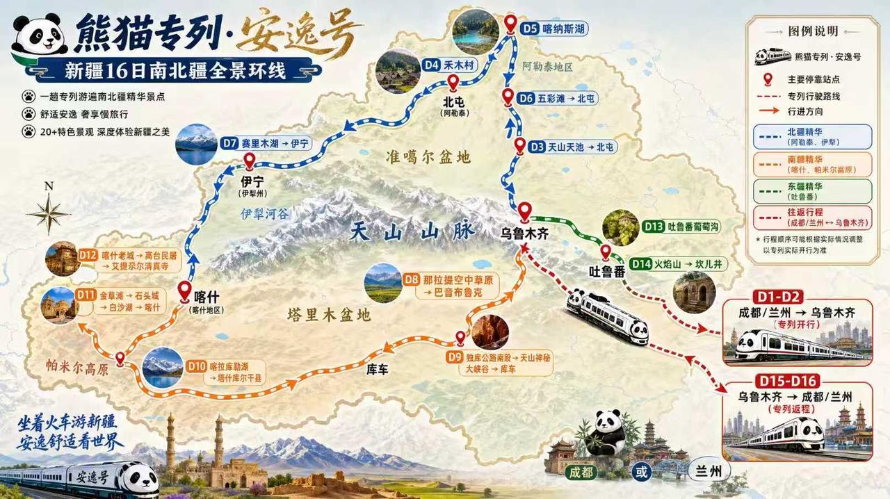 熊猫专列安逸号16日新疆环线，从成都出发环游南北疆，天池、喀纳斯、赛里木湖、喀什