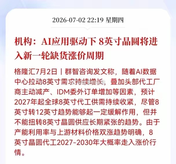 利好消息！重大利好消息！8英寸晶圆行业迎重大利好消息！机构：AI应用驱动下8英寸