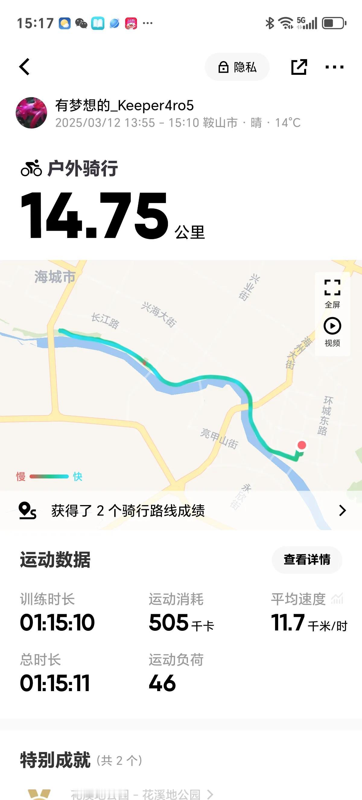 刚才，13.55——15.10，历时1小时15分，完成14.75公里，消耗能量5